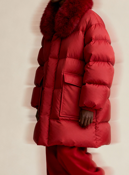 Model wearing premium red jacket