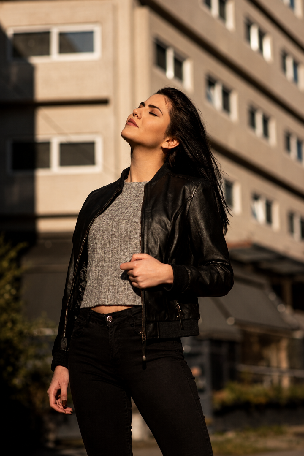 Woman wearing premium leather jacket