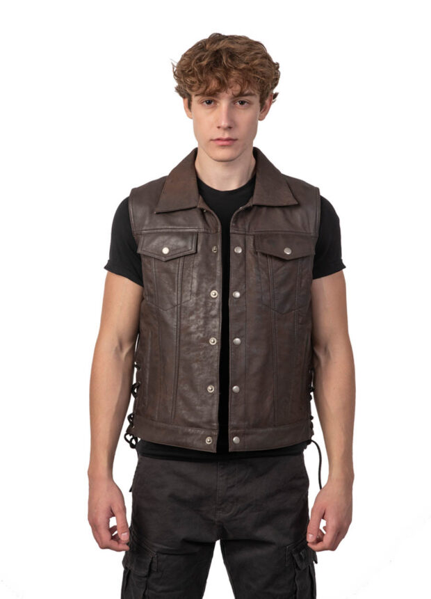 CARGO SHEEP VINTAGE BROWN - AUTHENTIC MENS SLEEVELESS BROWN LEATHER JACKET