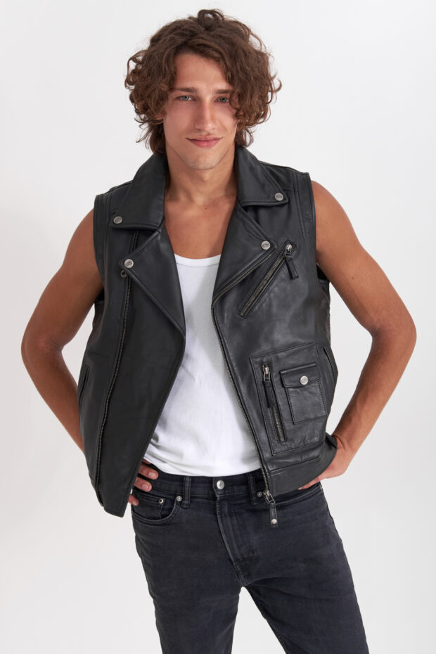 CHOPPER SHEEP BLACK - AUTHENTIC MENS BLACK LEATHER VEST