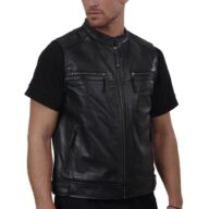 ROUTE 66 COWHIDE BLACK - AUTHENTIC BLACK MENS SLEEVELSS LEATHER JACKET