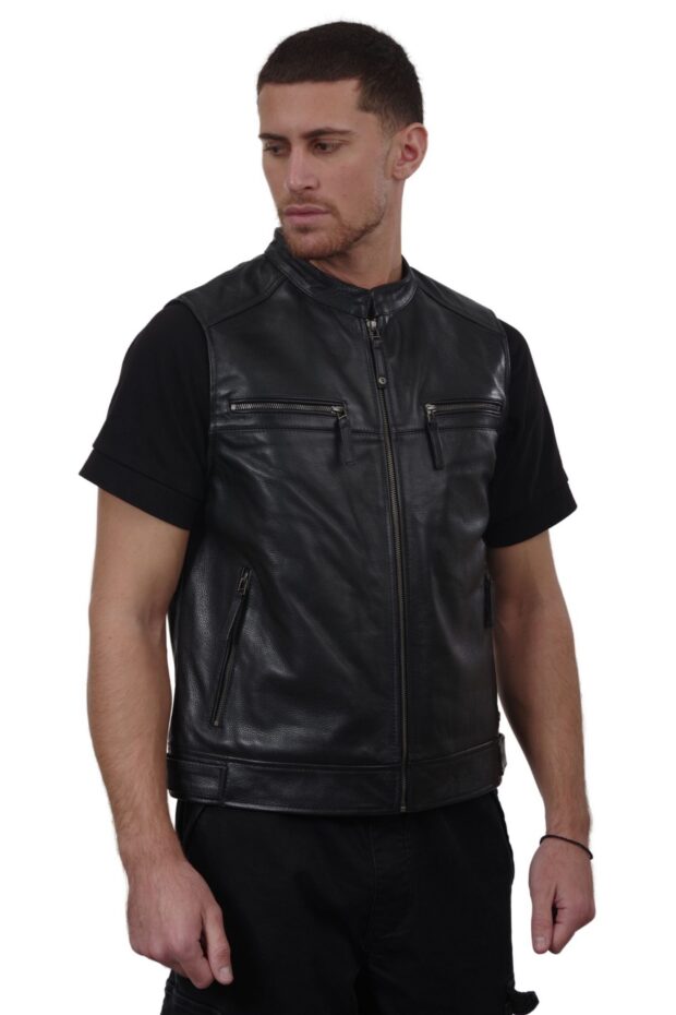 ROUTE 66 COWHIDE BLACK - AUTHENTIC BLACK MENS SLEEVELSS LEATHER JACKET
