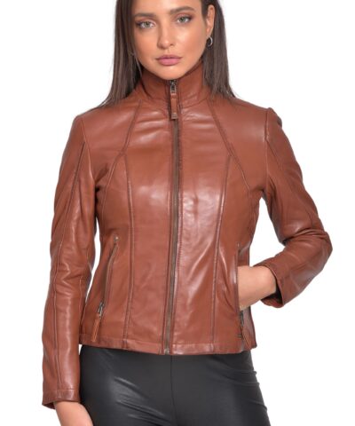 PANDORA SHEEP COGNAC - AUTHENTIC WOMEN COGNAC LEATHER JACKET
