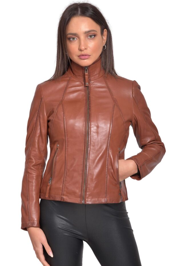 PANDORA SHEEP COGNAC - AUTHENTIC WOMEN COGNAC LEATHER JACKET