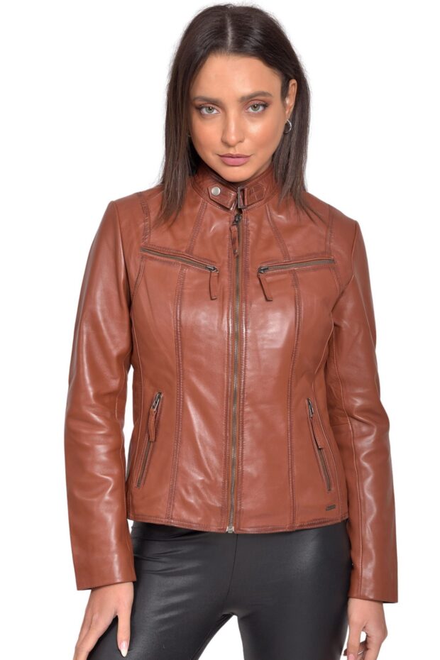 NEPHELE SHEEP COGNAC - AUTHENTIC WOMENS COGNAC LEATHER JACKET