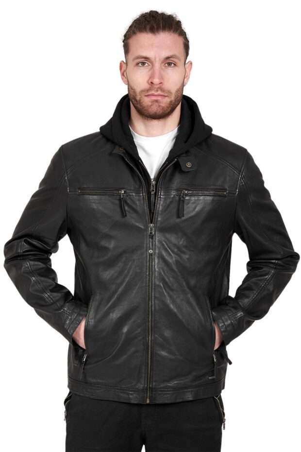 BIG HOOD SHEEP BLACK - AUTHENTIC MENS BLACK LEATHER JACKET