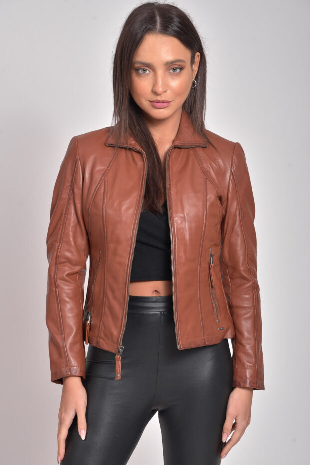 PANDORA SHEEP COGNAC - AUTHENTIC WOMEN COGNAC LEATHER JACKET