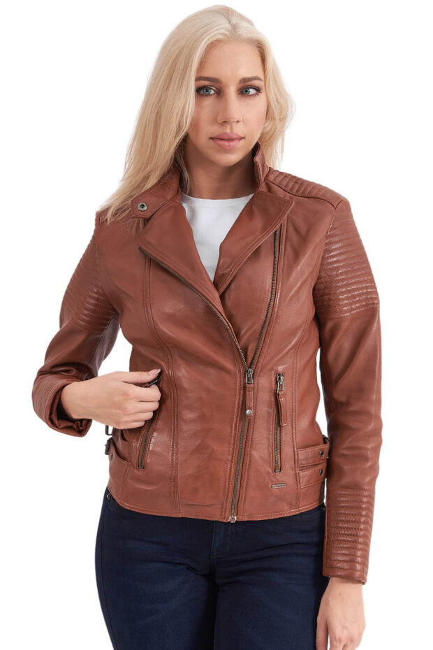 CALYPSO SHEEP COGNAC - AUTHENTIC WOMENS COGNAC LEATHER JACKET