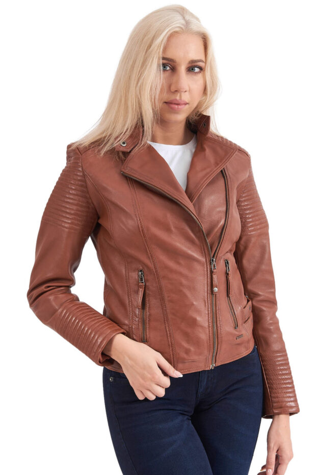 CALYPSO SHEEP COGNAC - AUTHENTIC WOMENS COGNAC LEATHER JACKET