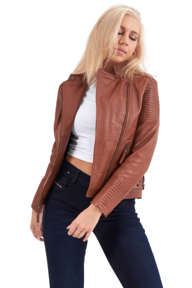 CALYPSO SHEEP COGNAC - AUTHENTIC WOMENS COGNAC LEATHER JACKET